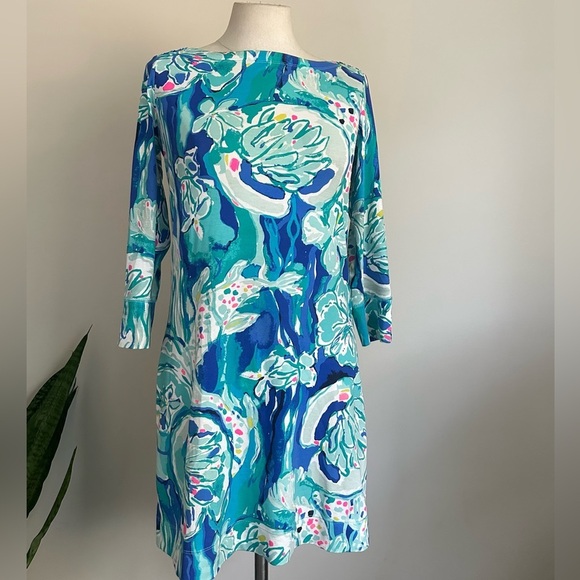 Lilly Pulitzer Gold Button Knee Length Vibrant Long Sleeve Patterned Dress sz S - Picture 2 of 5